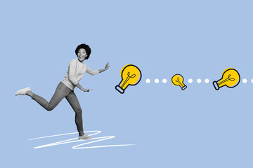 Creative collage picture running girl business startup invention idea strategy plan lightbulb...