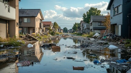 A flooded residential neighborhood with debris scattered along the waterlogged street and damaged houses under a partly cloudy sky