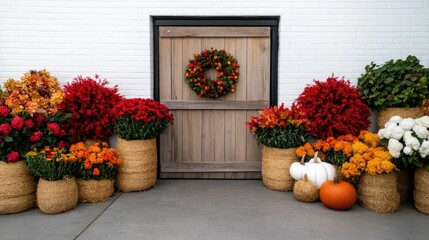 Naklejka premium Festive Hello November Scene with Autumnal Wreaths Hay Bales and Harvest Themed Displayed in a Deep Depth of Field Composition