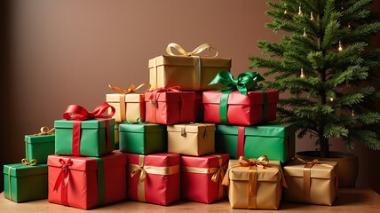 Obraz premium Stack of Christmas presents with green and red wrapping paper