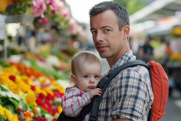 Fototapeta premium Father wearing plaid shirt carrying his baby in a backpack at a farmers market