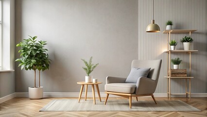 Empty wall in Scandinavian style interior with armchair. Minimalist interior design. 3D illustration.