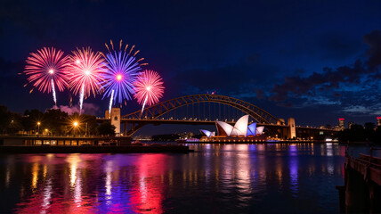Colorful fireworks over river at night