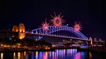 Obraz premium Fireworks over bridge at night