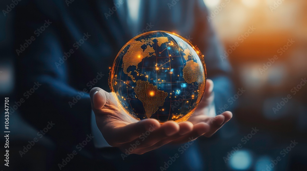Poster a person holds a glowing globe, symbolizing global connectivity and technology.