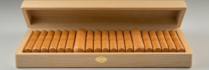 Open Wooden Cigar Humidor Displaying a Row of Twenty Cigars, Isolated on Gray Background