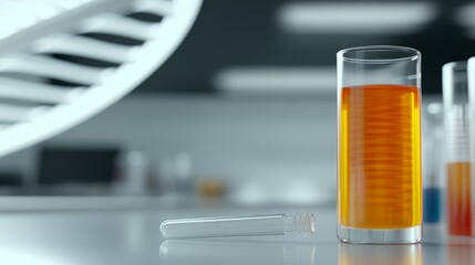 Scientific Laboratory Bench with Colorful Test Tubes, Pipette, and DNA Model