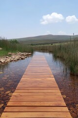 Wooden Walkway Through a Tranquil Wetland Leading to Distant Hills. Scenic Landscape