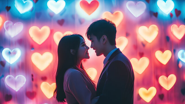 romantic couple sharing moment in front of colorful heart lights, expressing love and connection.