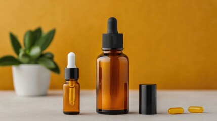 Closeup of various vitamin A and beta carotene infused skincare products such as creams serums and oils displayed with natural ingredients like flowers leaves