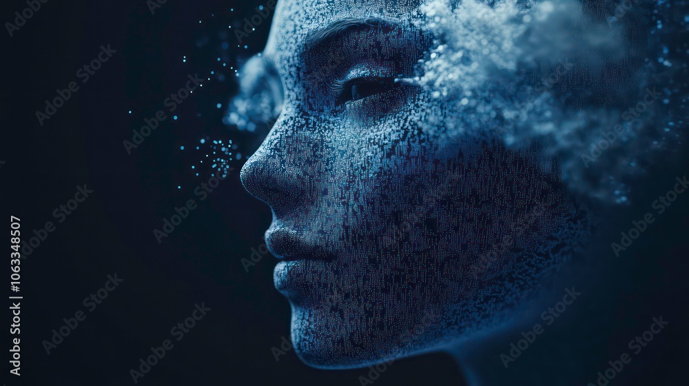 Poster a stylized human profile emerging from a mist of particles, evoking a sense of depth.