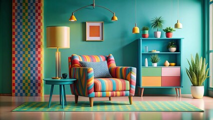Interior concept of memphis design colorful, Armchair with console and prop. 3d render