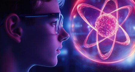Obraz premium A young scientist in glasses is contemplating the structure of an atom, which glows on one side and has numerous connecting lines with other particles