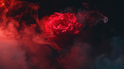A single red rose emerges from a cloud of smoke
