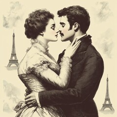Romantic vintage illustration of a couple with the Eiffel Tower backdrop.