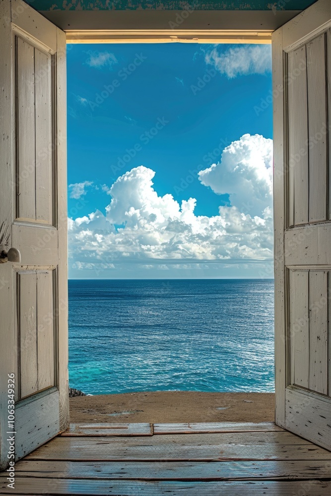 Poster A view of the ocean from an open door with sunlight streaming in, perfect for use as a background or to add a sense of freedom and tranquility to your design