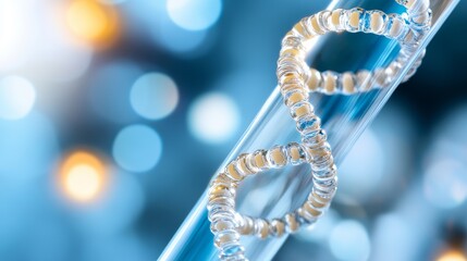 Biotechnology Discovery - DNA Strand in Clear Test Tube with Blue Liquid, Laboratory Background