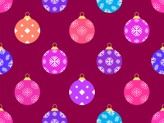 Seamless pattern with Christmas balls. Christmas ornaments, each ornament is decorated with snowflakes patterns. Xmas design for wrappers, covers, banners and posters. Vector illustration