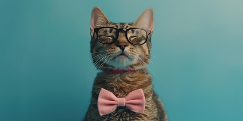 A curious cat wearing glasses and a pink bow tie, suitable for whimsical designs or humoristic concepts