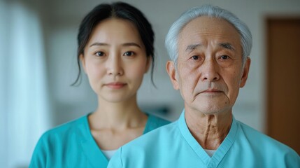 Obraz premium Caring caregiver providing physical therapy and mobility assistance to elderly man during a home visit Deep depth of field captures the bond and collaborative nature of the interaction