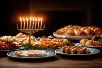 Holiday-themed Hanukkah table setting decorations concept. A beautifully arranged festive table featuring a menorah surrounded by a variety of delicious pastries and sweets