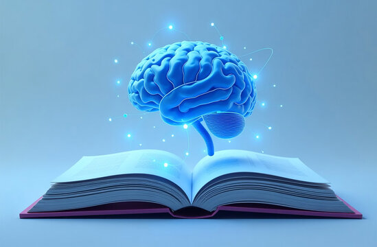 Human brain in open book on blue background. 3D illustration.