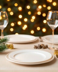 Holiday-themed table setting decorations concept. A beautifully set dining table with empty plates elegant glasses and festive decorations illuminated by soft bokeh lights in the background