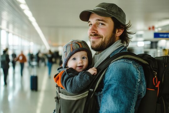 Father wearing baseball cap and denim jacket smiles while carrying his baby in a carrier at a busy airport terminal