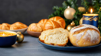 Holiday-themed Hanukkah table setting decorations concept. A festive display of fresh bread rolls and slices complemented by decorative elements perfect for holiday gatherings and celebrations