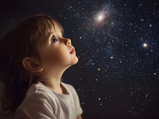 Awe Inspired Child Gazes Upward at Boundless Cosmic Wonders