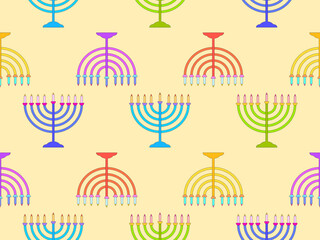 Hanukkah seamless pattern with menorah with nine candle. Jewish festival background for brochures, banners and wrapping paper. Vector illustration