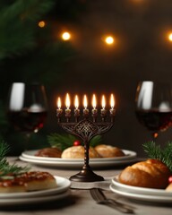 Holiday-themed Hanukkah table setting decorations concept. A festive table setting featuring a menorah with lit candles surrounded by delicious baked goods and wine evoking warmth and celebration