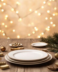 A festive table setting with elegant plates golden decorations and soft bokeh lights creating a warm and inviting holiday atmosphere