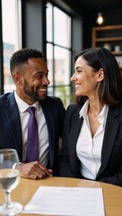 Confident African-American business duo smile in a bustling caf