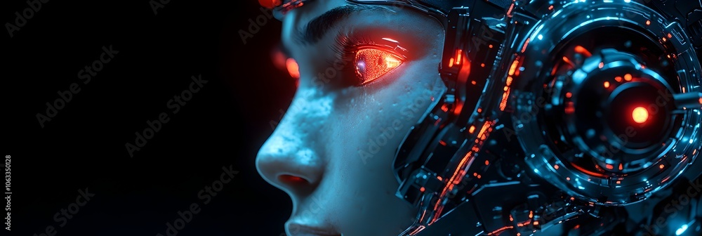 Aufkleber close-up portrait of a captivating cyborg face in the glow of futuristic technology,featuring intric