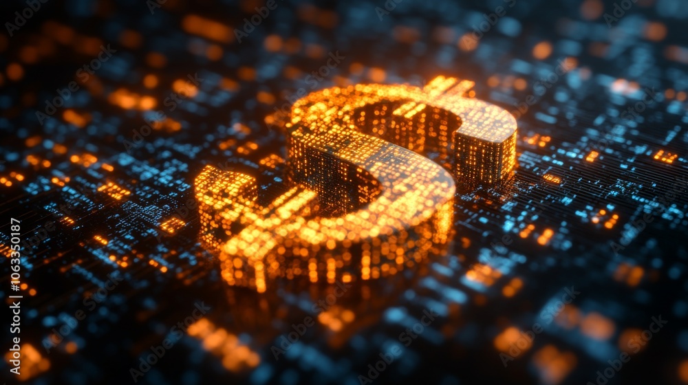 Aufkleber A glowing dollar sign stands out in a dynamic network of bright data streams, symbolizing the fusion of finance and technology in a digital landscape.