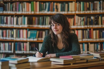 Female student writing on her notebook surrounded by books in a library