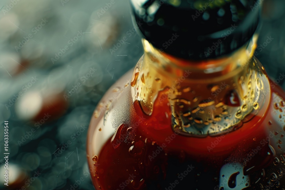 Poster Close-up shot of a bottle of hot sauce with label and cap