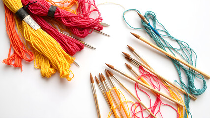 A bunch of colorful yarn and paintbrushes are laid out on a white background