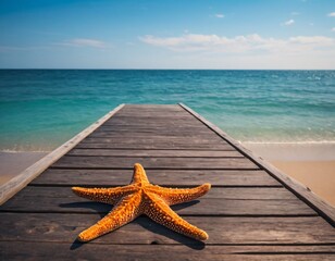 vibrant orange starfish on a wooden pier, with blue ocean water and a clear sky, seaside vacation