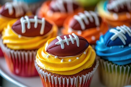 Football-shaped candy toppings decorate colorful cupcakes, perfect for a game day celebration