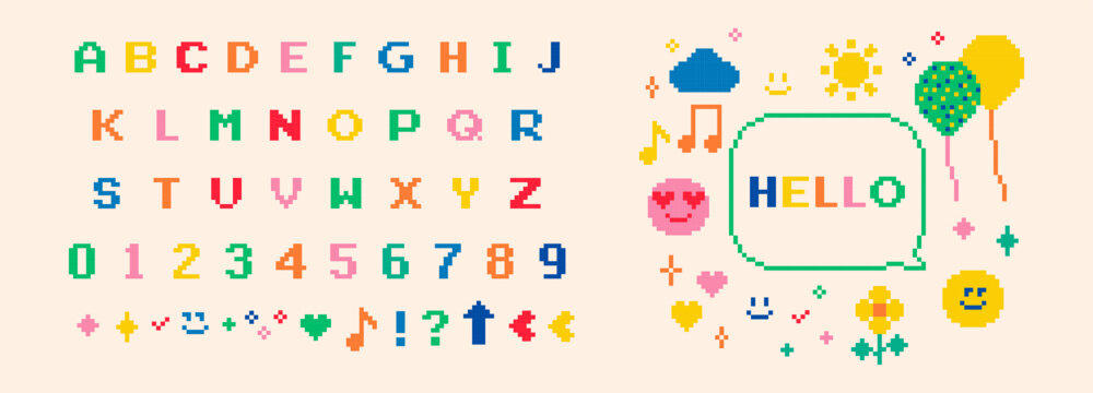 Old school retro nostalgic typeface. Y2k pixel game font. Modern shape for collage, poster, stickers. 8 bit alphabet symbols, letters, numbers, smile face. 90's aesthetics. Vector color elements