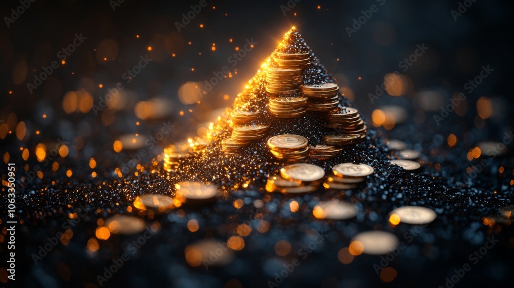 Aufkleber Gleaming coins are arranged in a pyramid shape, illuminated by shimmering light against a dark, textured background, creating a captivating visual effect.