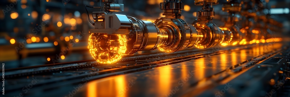 Leinwandbilder Close-up view of an array of complex industrial machinery components,such as pipes,turbines,and gears,illuminated by warm,glowing lighting in an industrial workshop or factory setting.
