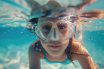 Fototapeta premium A young girl swimming in a pool while wearing goggles, great for illustrations of kids' activities or water sports