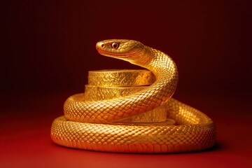 Fototapeta premium Golden snake is wrapping around a stack of gold coins on a red background, symbolizing wealth, prosperity, and the chinese zodiac