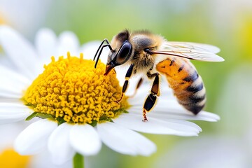 A close-up of a bee pollinating a vibrant daisy flower, showcasing the beauty of nature and the importance of bees in ecosystems.