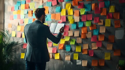 Businessperson Guiding Team Through Brainstorming Session with Colorful Notes