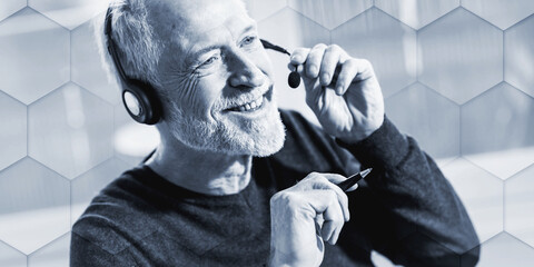 Support phone operator in headset, geometric pattern