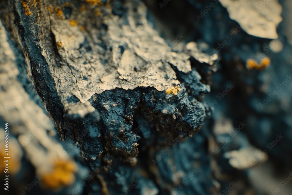 Poster a detailed view of a tree trunk covered in lichen, great for nature and environmental use
